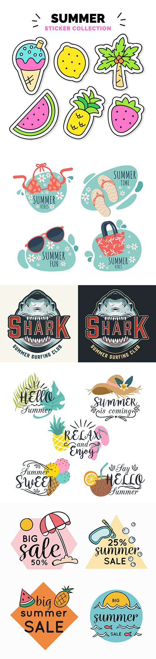 Colorful hand-drawn summer badge collection and surfing club logo