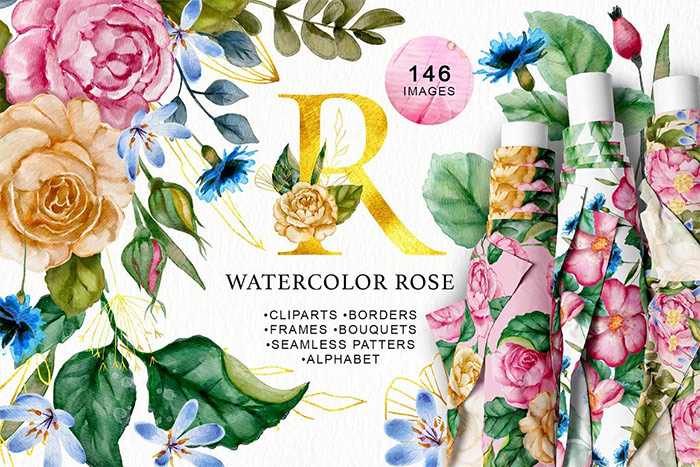 Watercolor Flowers & Golden Alphabet - 6119281