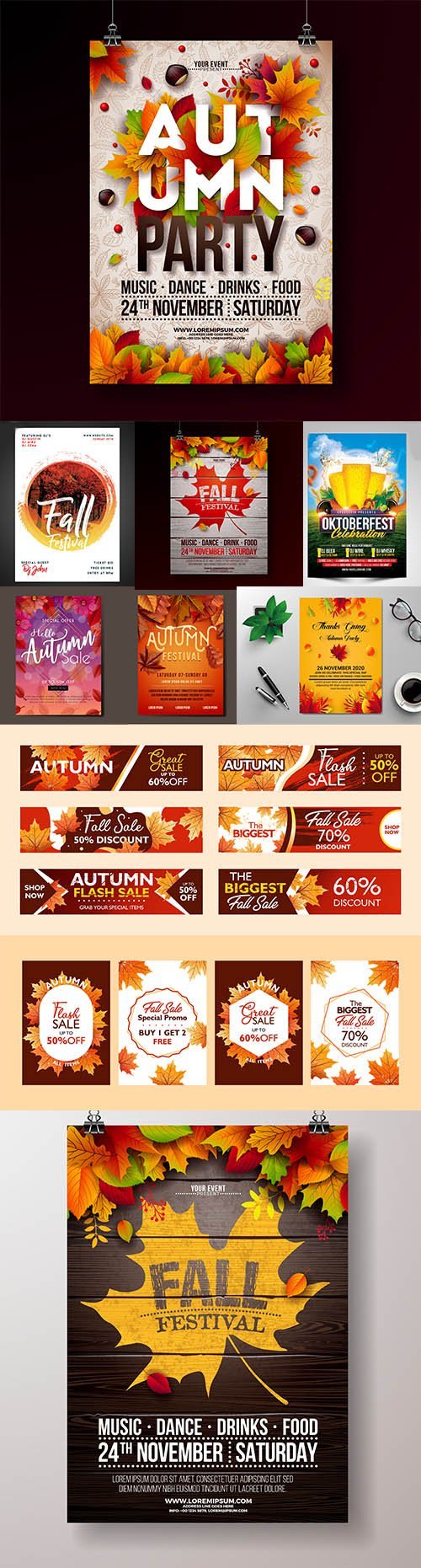 Set of Autumn Party Flyers and Banner EPS and PSD Template