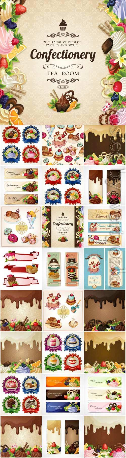 Backgrounds and banners with sweets, labels in vector