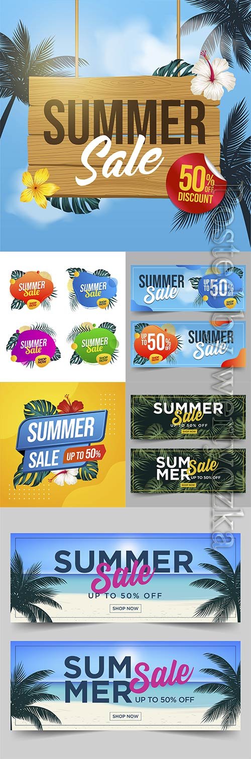 Summer sale vector banner with leaves