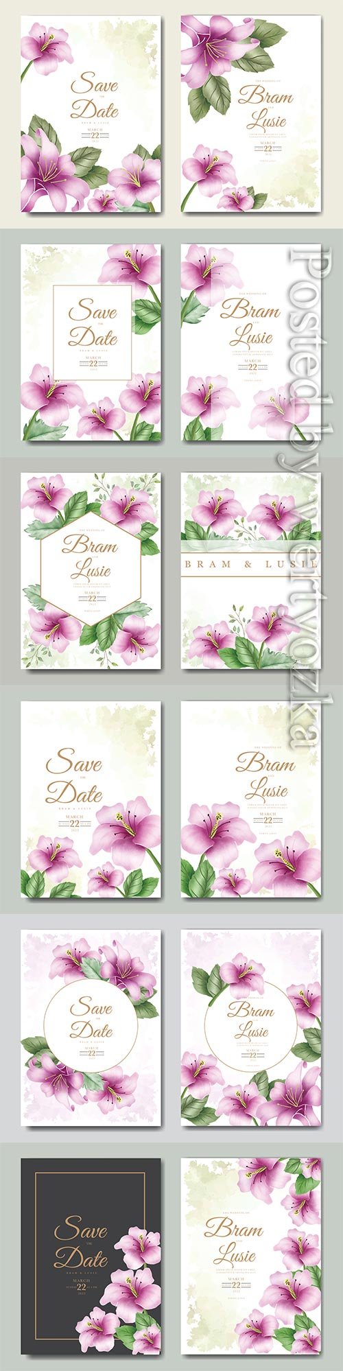 Wedding invitation card with beautiful flowers watercolor