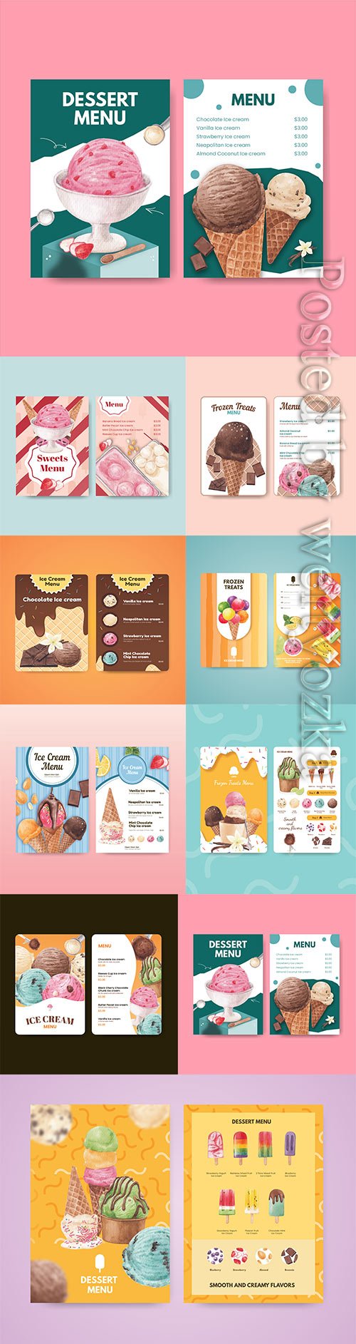 Menu template with ice cream flavor concept, vector watercolor style