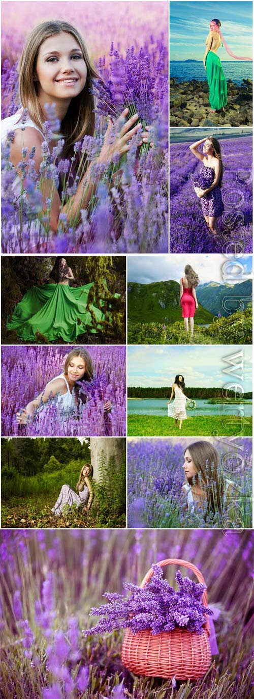 Girls outdoors, lavender field stock photo