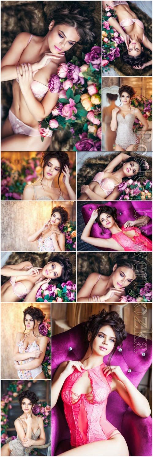 Girl in lingerie among flowers stock photo