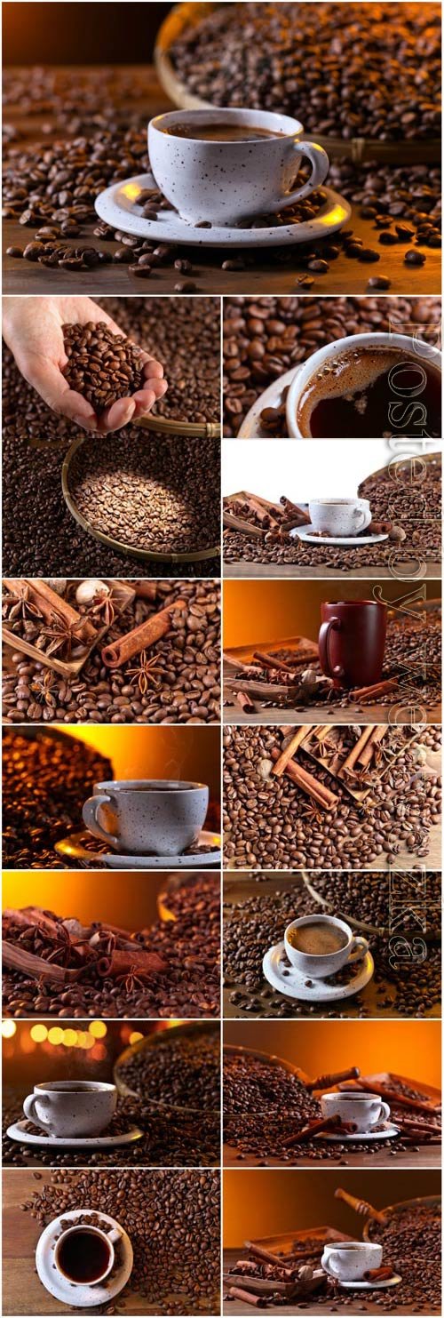 Cup with coffee on the background of coffee beans stock photo