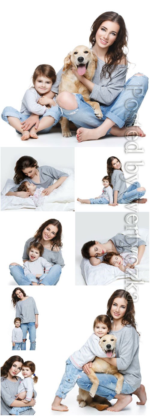 Young woman with baby and dog stock photo