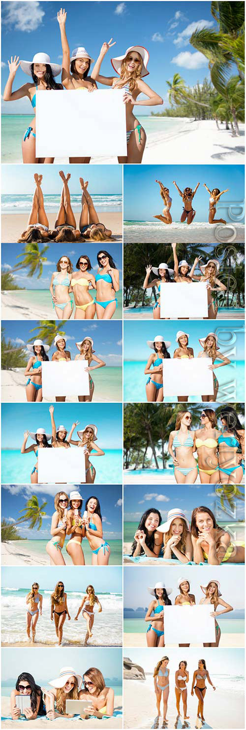 Young girls with white placard at the sea stock photo