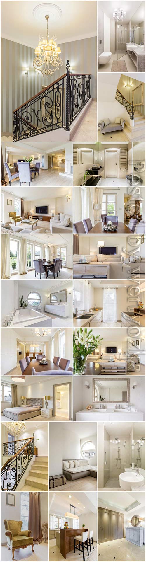 Luxury living room, bathroom and kitchen interior stock photo