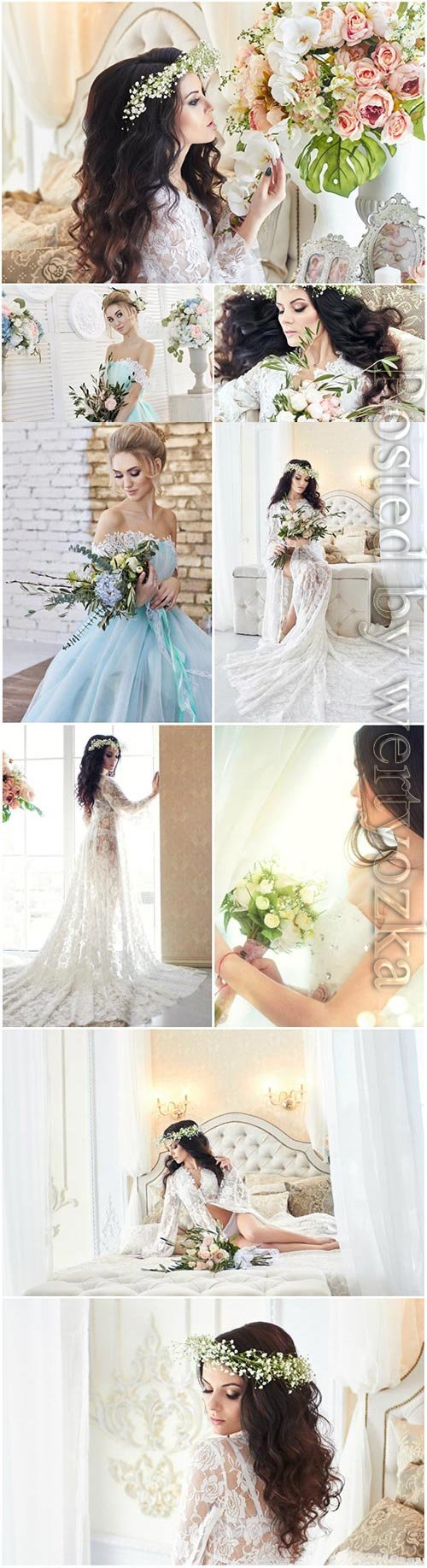 Brides with wedding bouquets stock photo