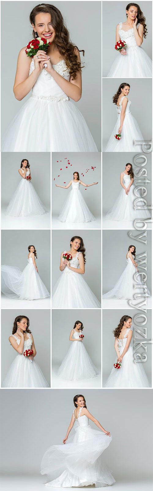 Happy bride in luxury wedding dress stock photo