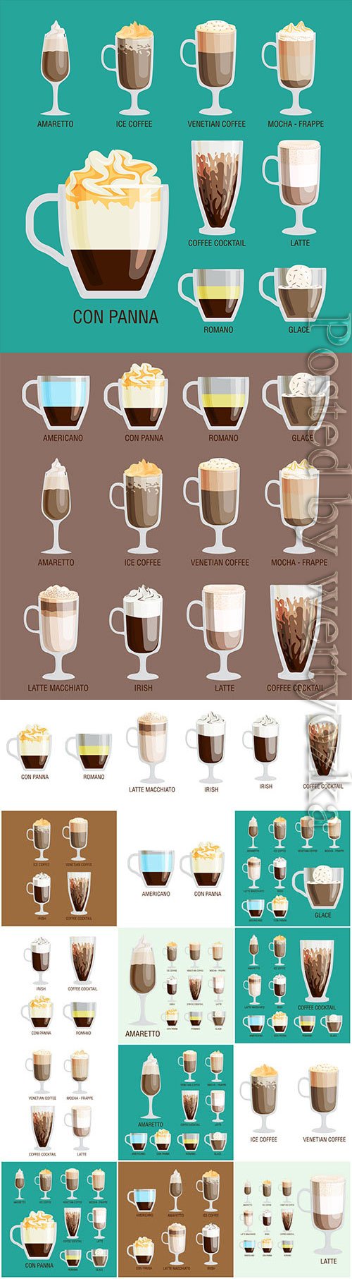 Coffee and coffee drinks in assortment in vector