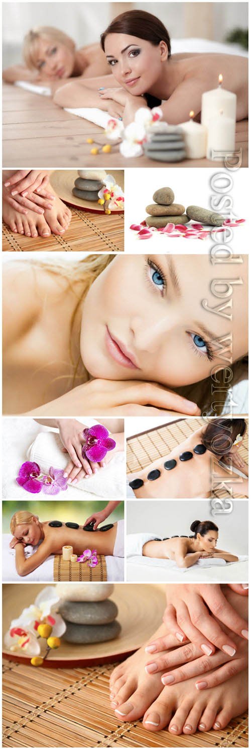 Spa stone massage, women in spa salon stock photo