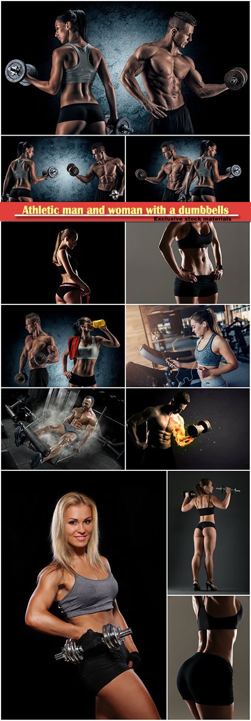 Athletic man and woman with a dumbbells