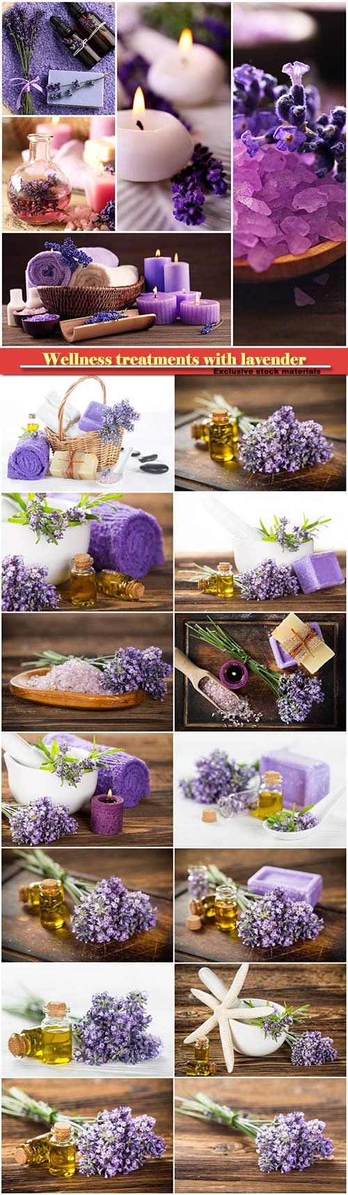 Wellness treatments with lavender flowers on wooden table