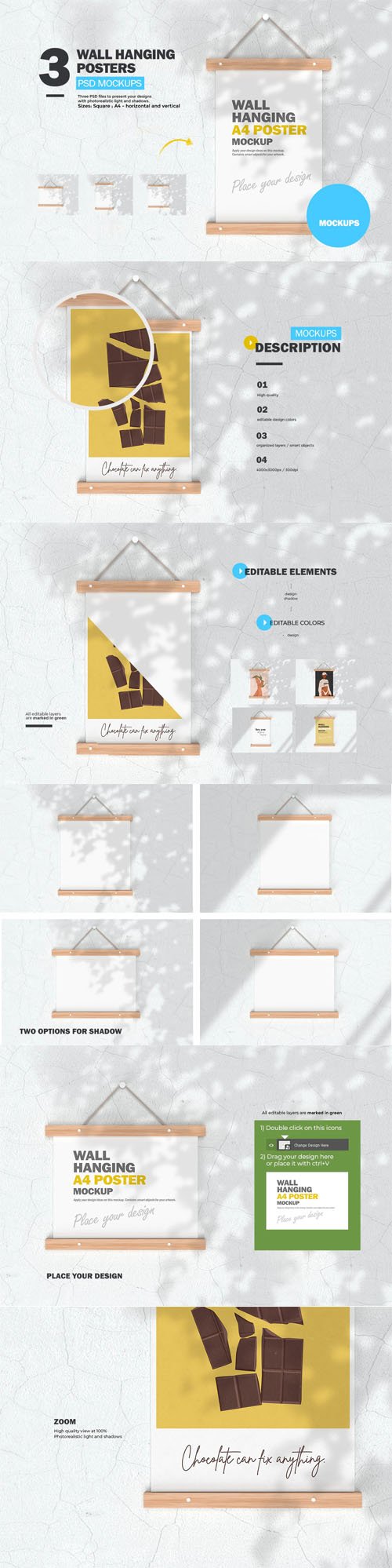 3 Wall Hanging Poster PSD Mockups Templates