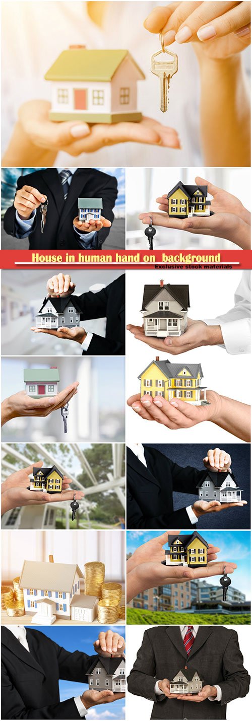 House in human hand on background