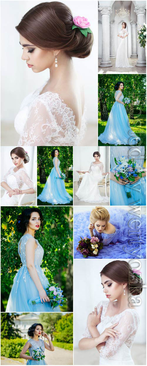 Lovely brides in luxury wedding dresses stock photo