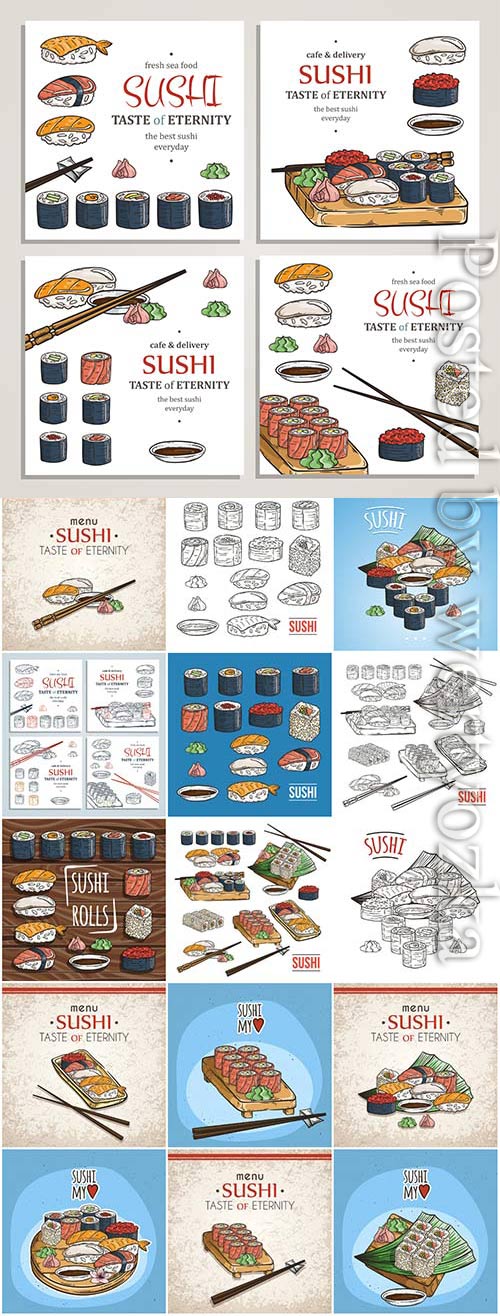 Sushi sets drawn in vector