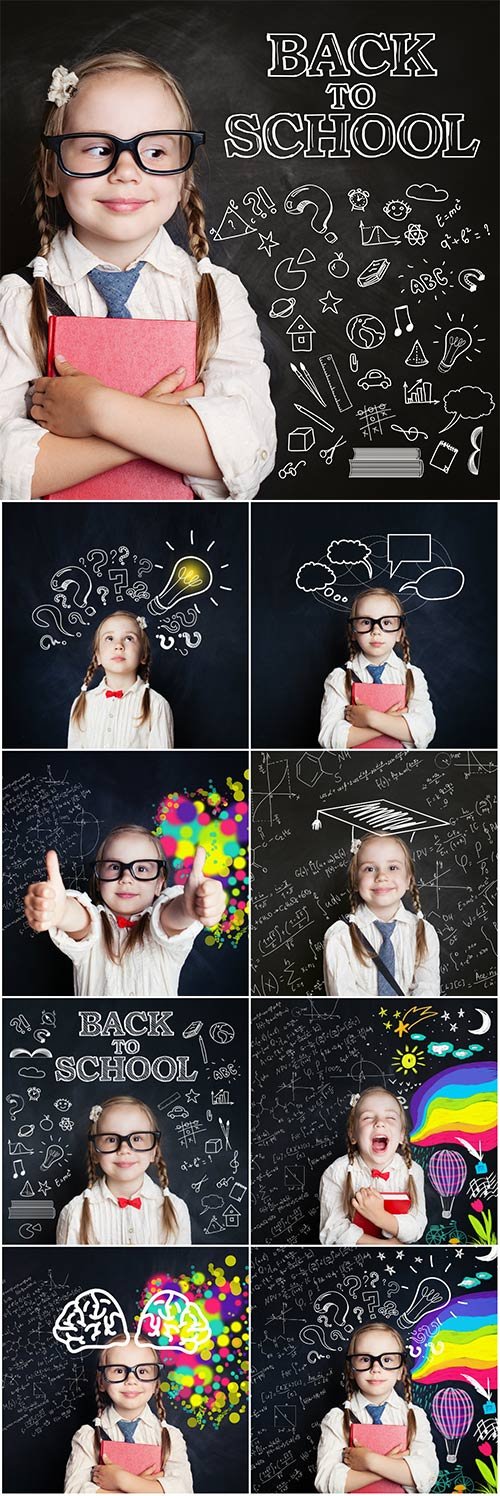 Happy schoolgirl student on blackboard background, back to school concept