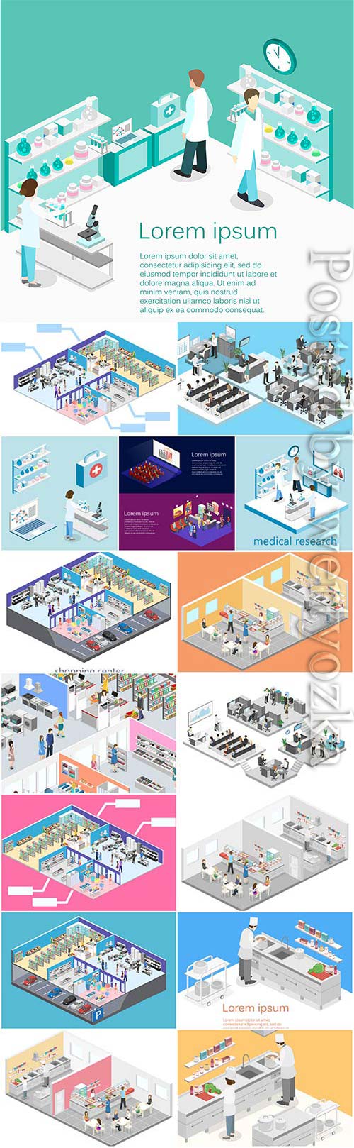 Isometric set of illustrations in vector