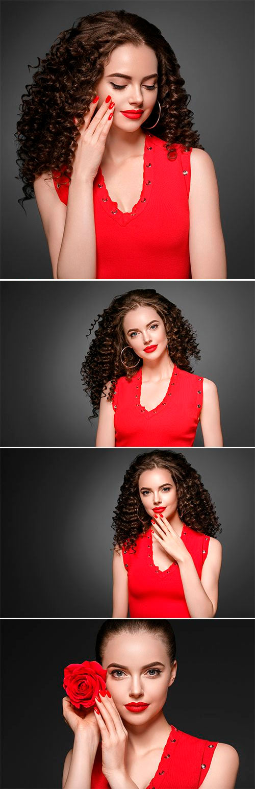 Beautiful curle hair female with red dress