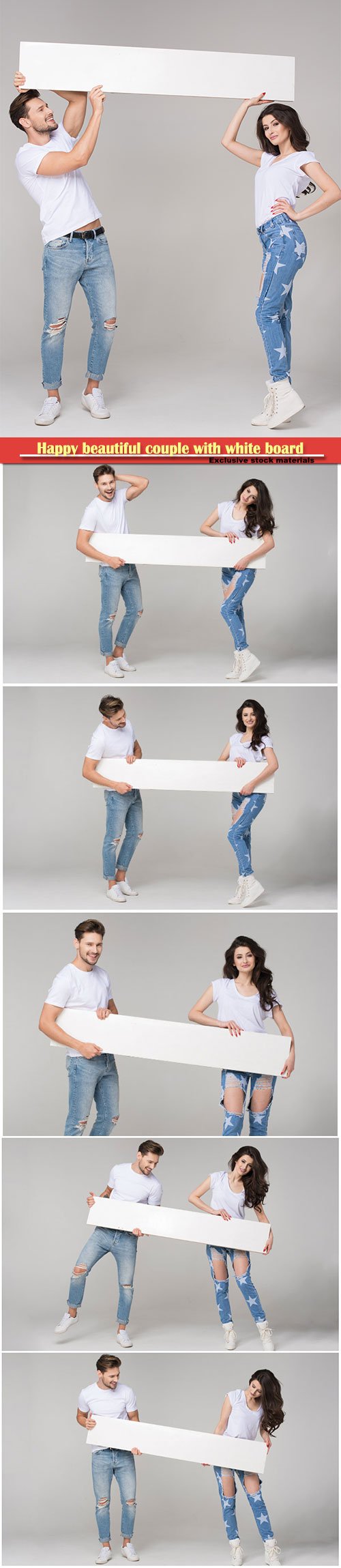 Happy beautiful couple with white board