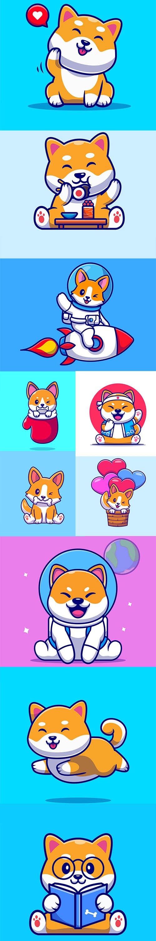 Cute shiba inu dog cartoon illustration set