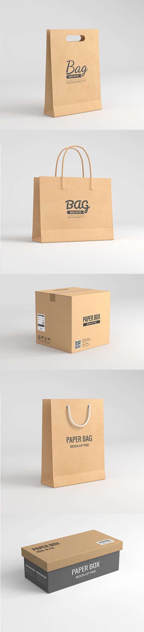 Set of Paper Bag and Box Packaging PSD Mockup