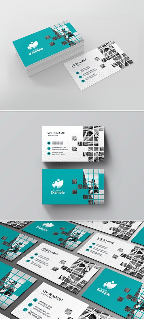 Teal Business Card Layout wih Patterned Photo Placeholder