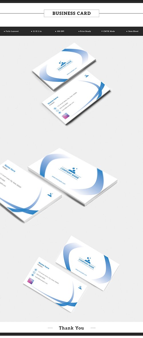 Business Card Layout with Blue Gradient Ribbon Elements