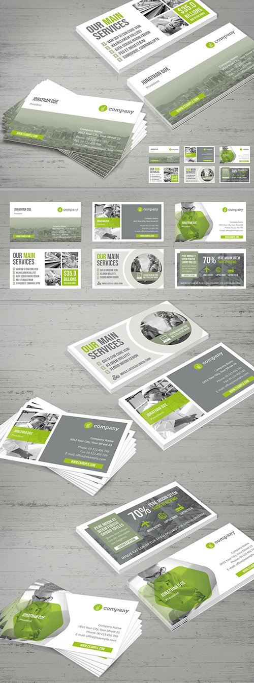 Business Card Layout with Light Gray and Pale Green Elements