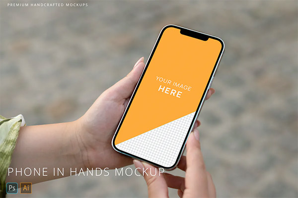 iPhone 12 Pro Max in Woman Hands on Street Mockup