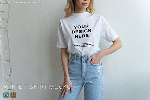 White T-Shirt on Person Mockup White Background