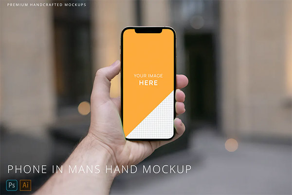 iPhone 12 Pro in Mans Hand Mockup with Bokeh