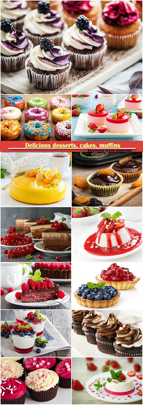 Delicious desserts, cakes, muffins, donuts