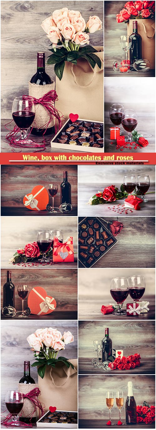 Wine, box with chocolates and roses