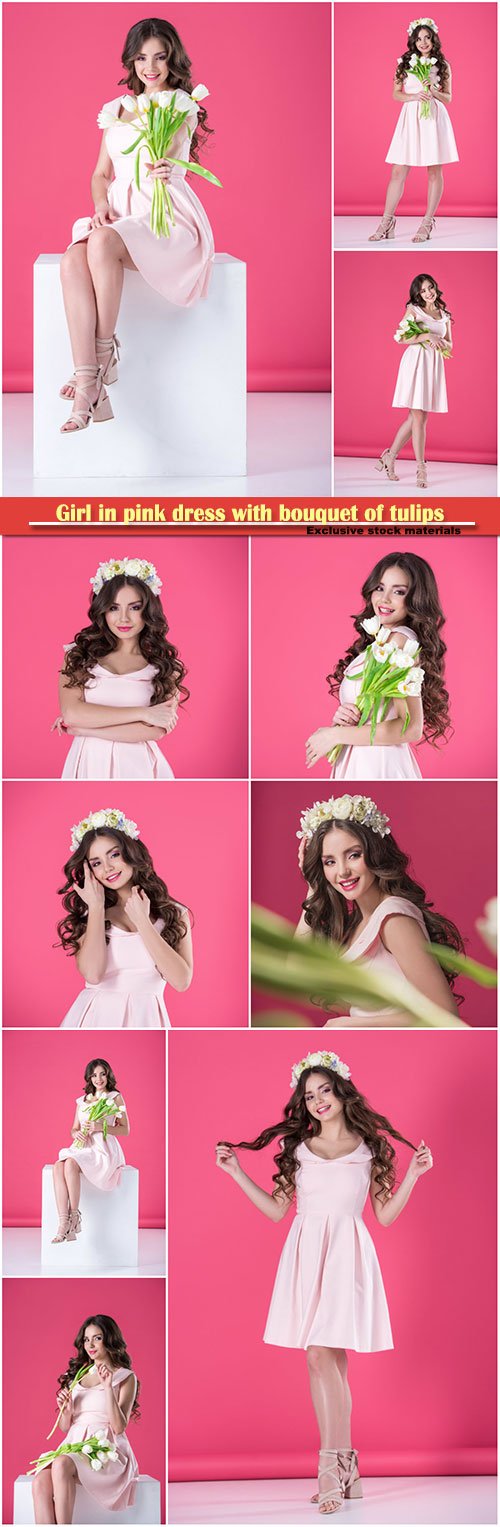 Girl in pink dress with bouquet of tulips