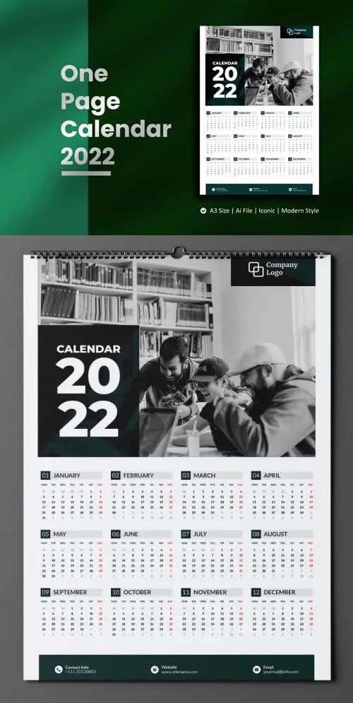 One Page Calendar 2022 - A3 Vector Design Template