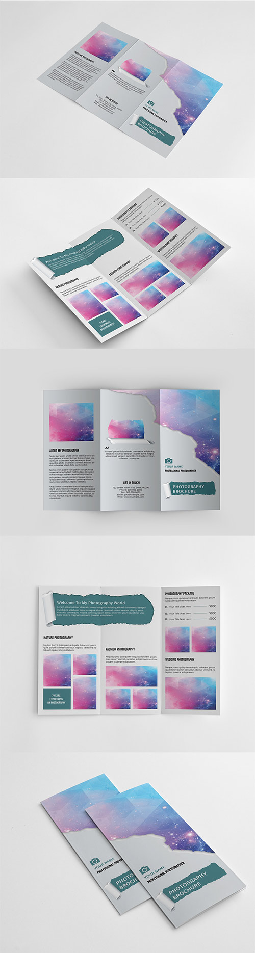 Trifold Brochure Layout with Paper Tear Element