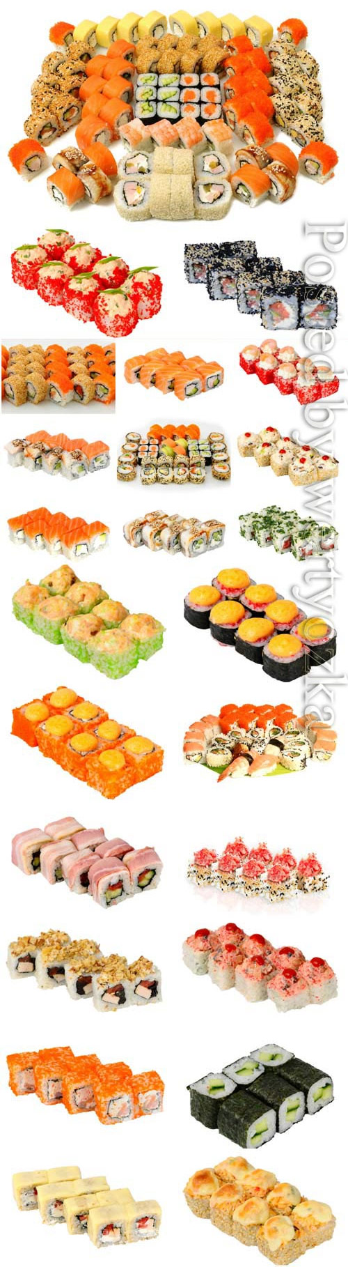 Assortment of sushi on white background stock photo