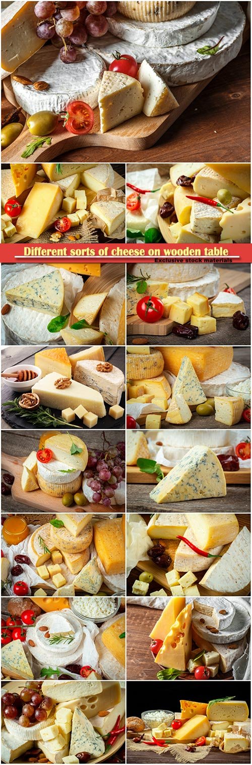 Different sorts of cheese on wooden table