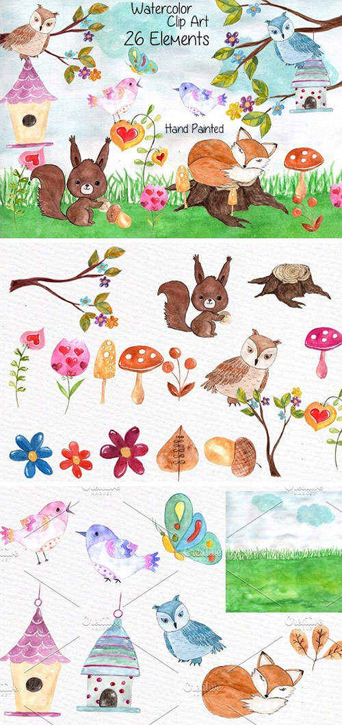 Forest Animals Watercolor Clip Art