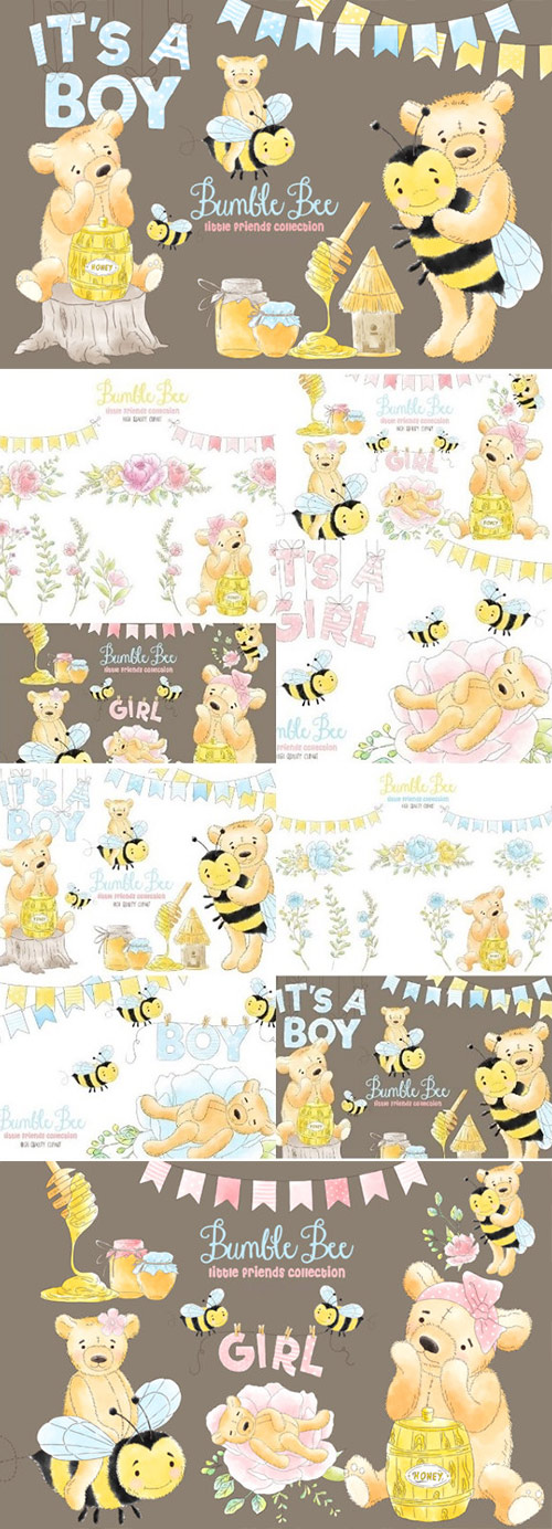 Bumble Bee Boy/Girl Honey Watercolor Clipart