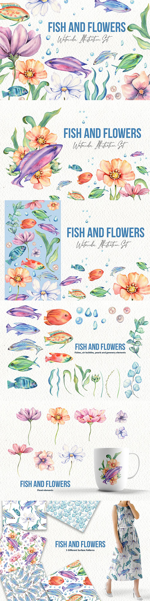 Fishes and Flowers Illustration Set 6364609