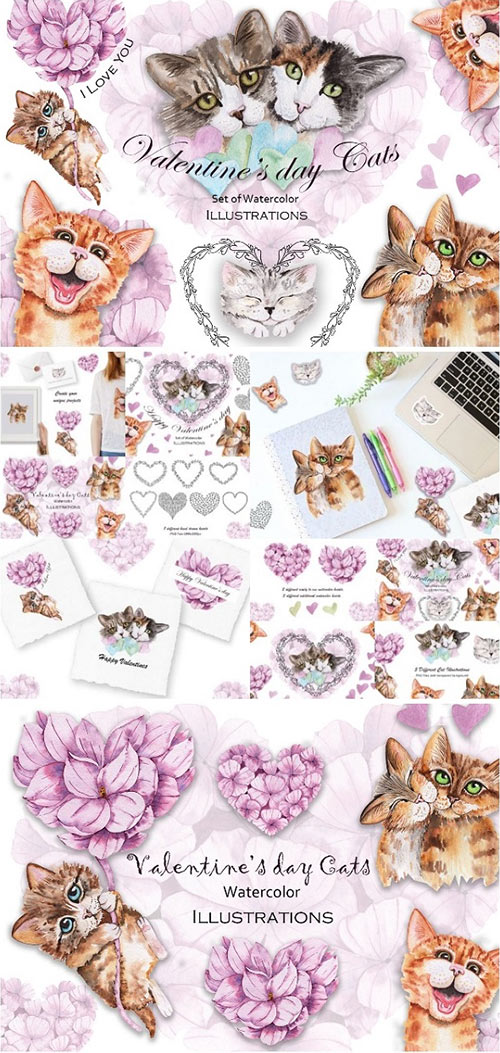 Valentine's Day Cats Set of Watercolor Illustrations