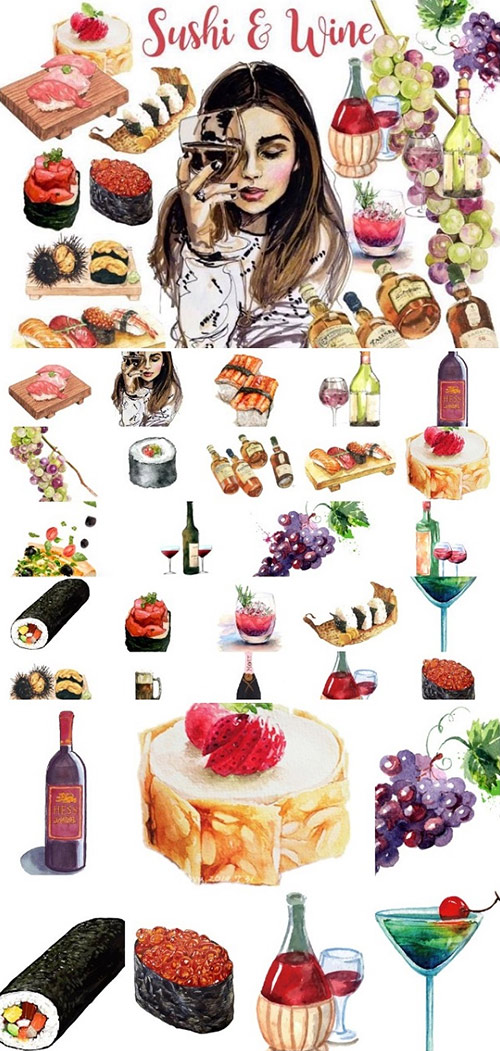 Sushi & Wine Watercolor Clip Art Set