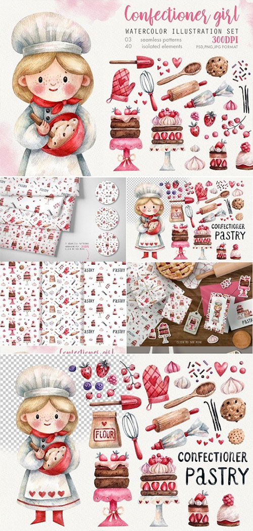 Confectioner Girl Watercolor Illustrations Set