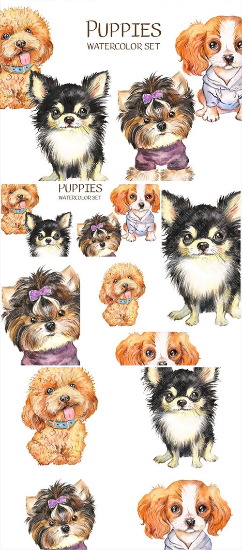 Dog Watercolor Clipart. Cute Puppies