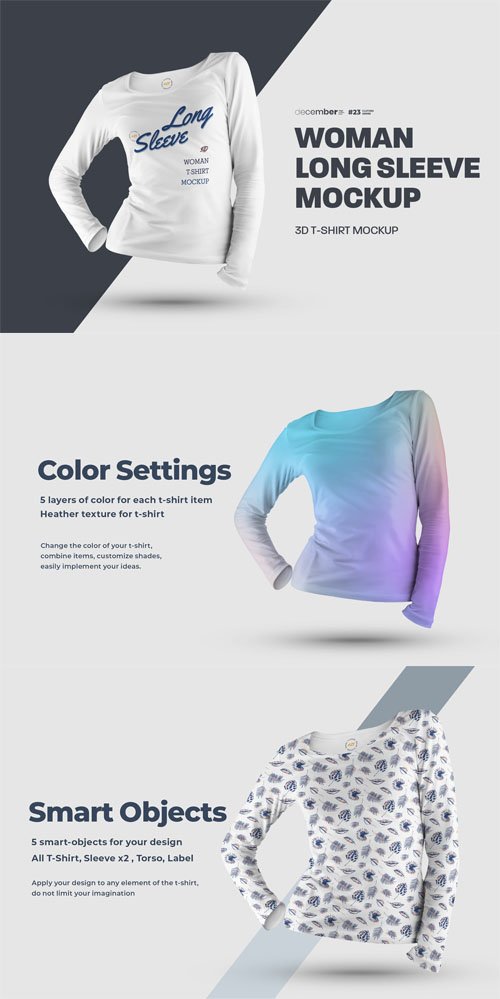 Woman 3D Long Sleeve T-Shirt PSD Mockup Template